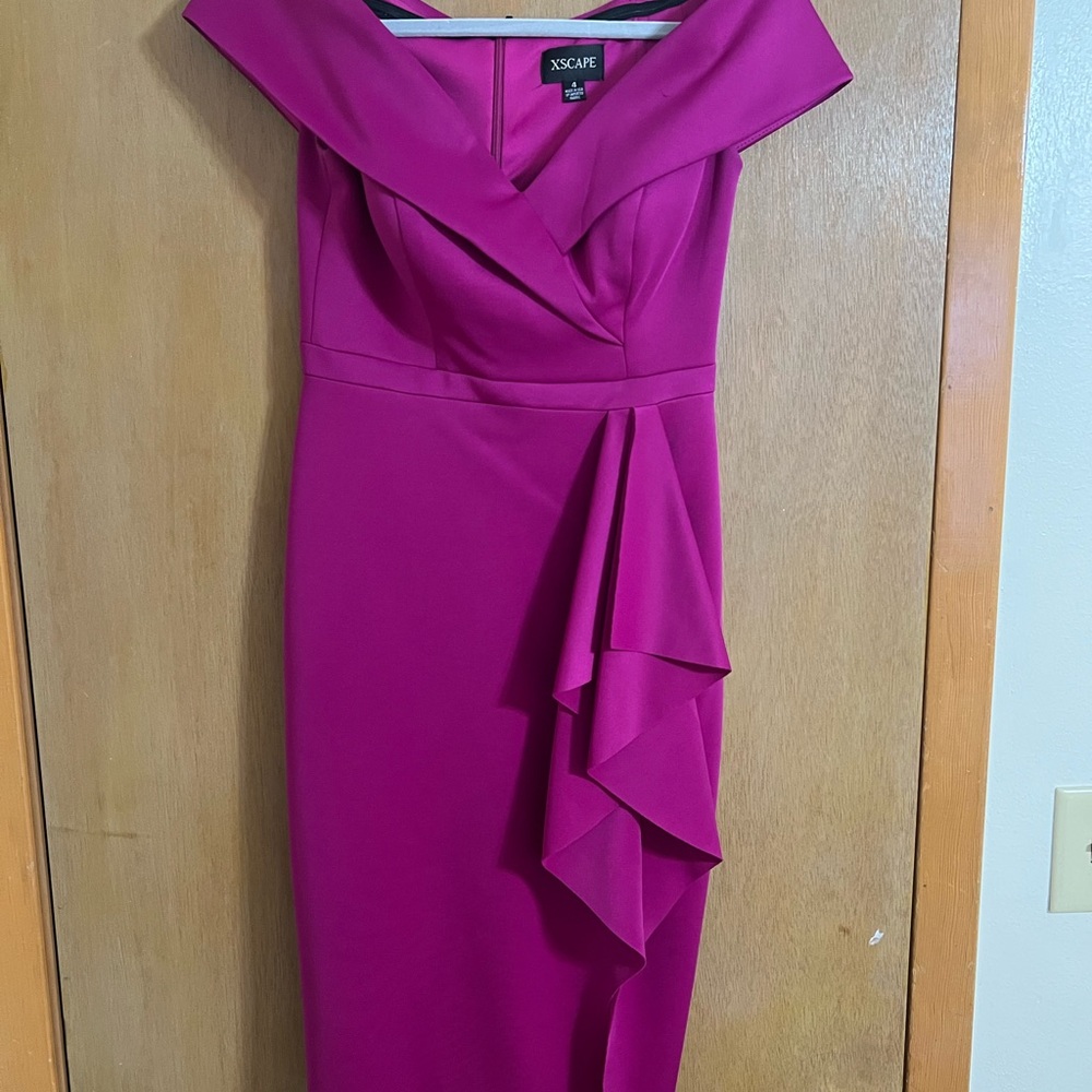 Xscape Magenta Off-Shoulder Ruffle Sheath Midi Dress
